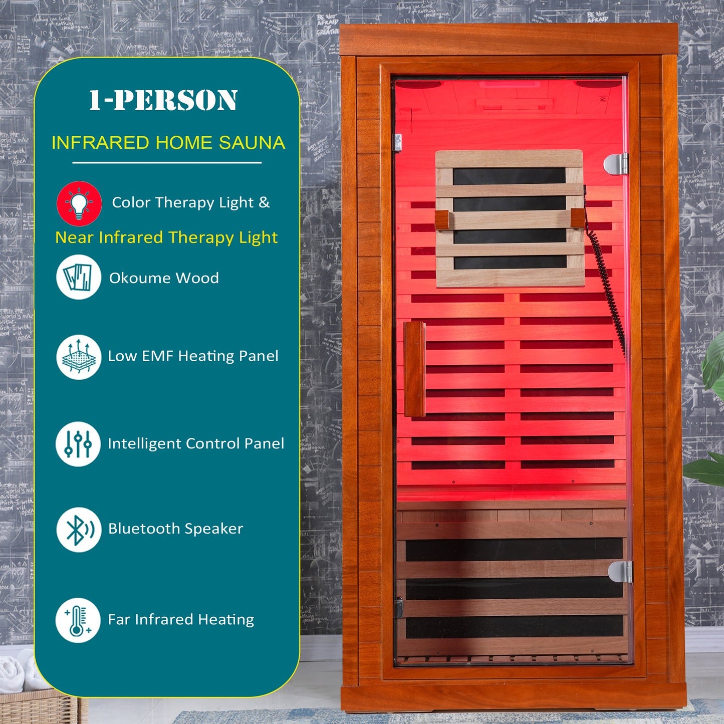 1-Person Full Spectrum Infrared Sauna with Red Light Therapy | Okoume Wood | Bluetooth | 120V