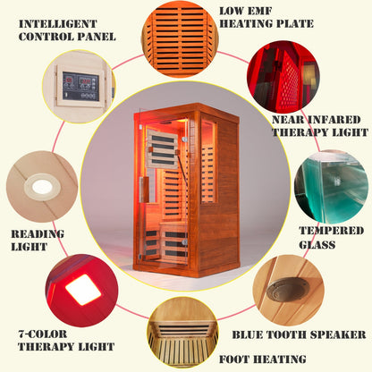 1-Person Full Spectrum Infrared Sauna with Red Light Therapy | Okoume Wood | Bluetooth | 120V