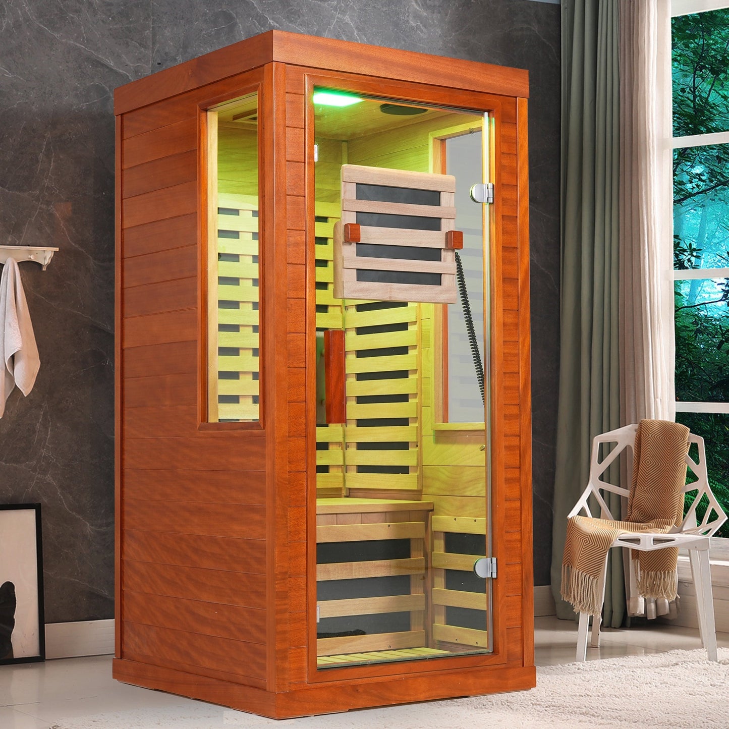 1-Person Full Spectrum Infrared Sauna with Red Light Therapy | Okoume Wood | Bluetooth | 120V