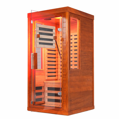1-Person Full Spectrum Infrared Sauna with Red Light Therapy | Okoume Wood | Bluetooth | 120V