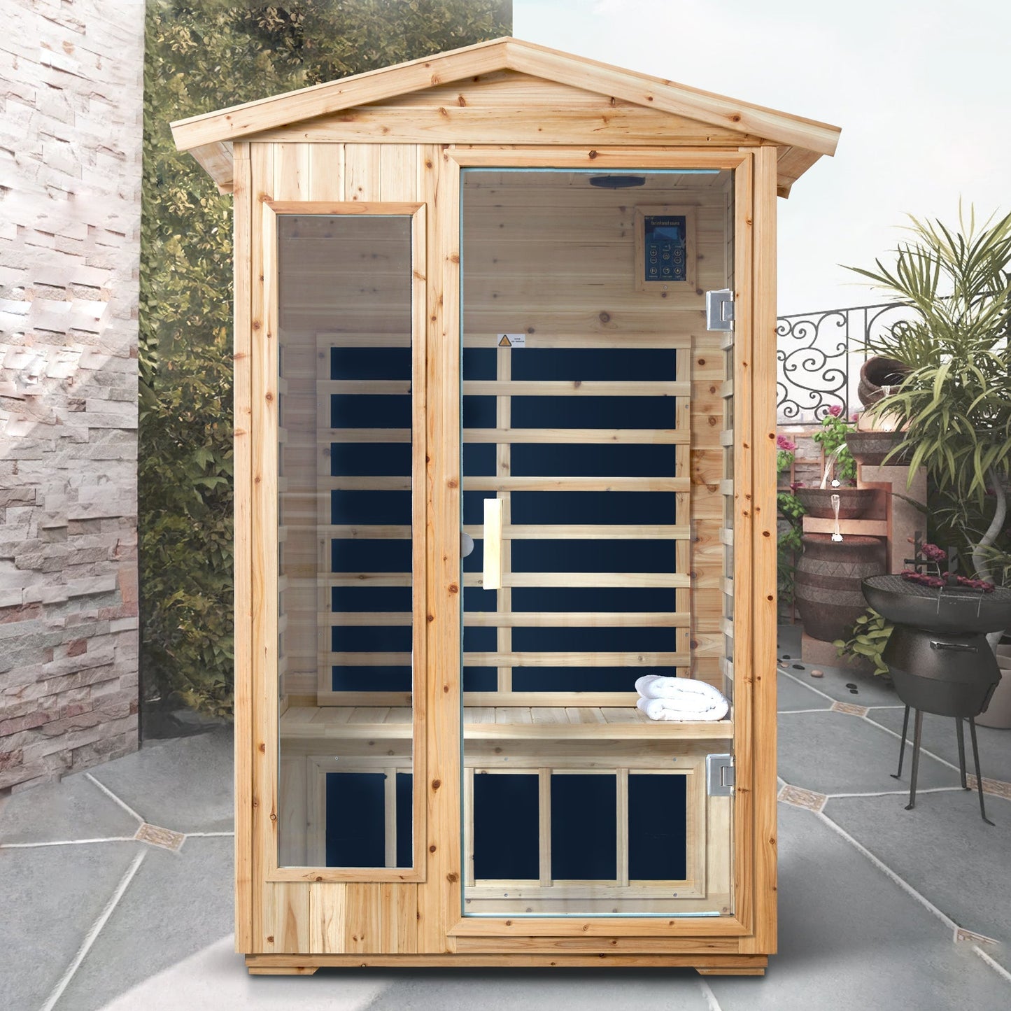 2-Person Outdoor Far Infrared Sauna – Solid Old Fir Wood | Bluetooth Audio | 120V