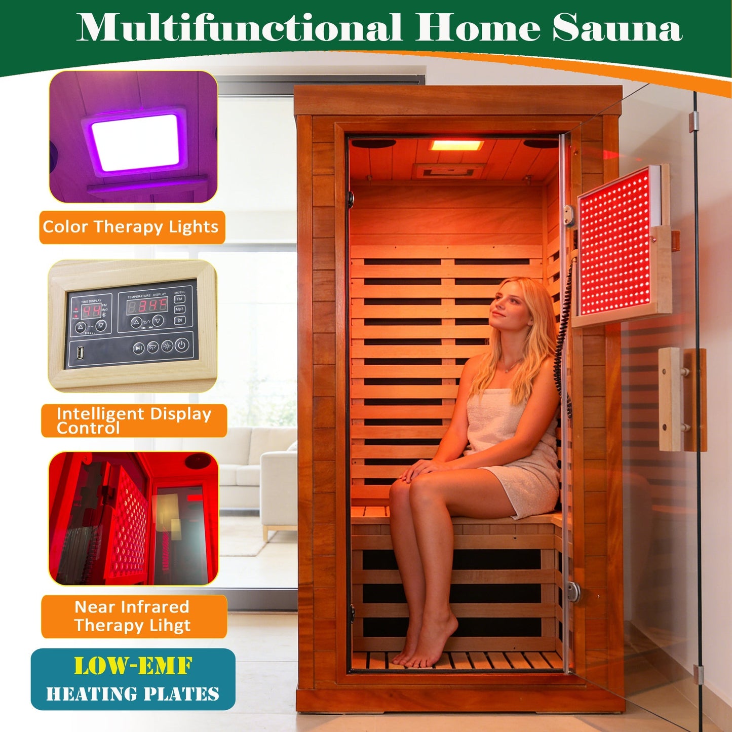 1-Person Full Spectrum Infrared Sauna with Red Light Therapy | Okoume Wood | Bluetooth | 120V
