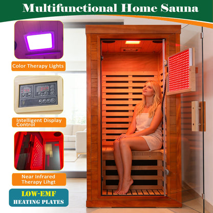 1-Person Full Spectrum Infrared Sauna with Red Light Therapy | Okoume Wood | Bluetooth | 120V