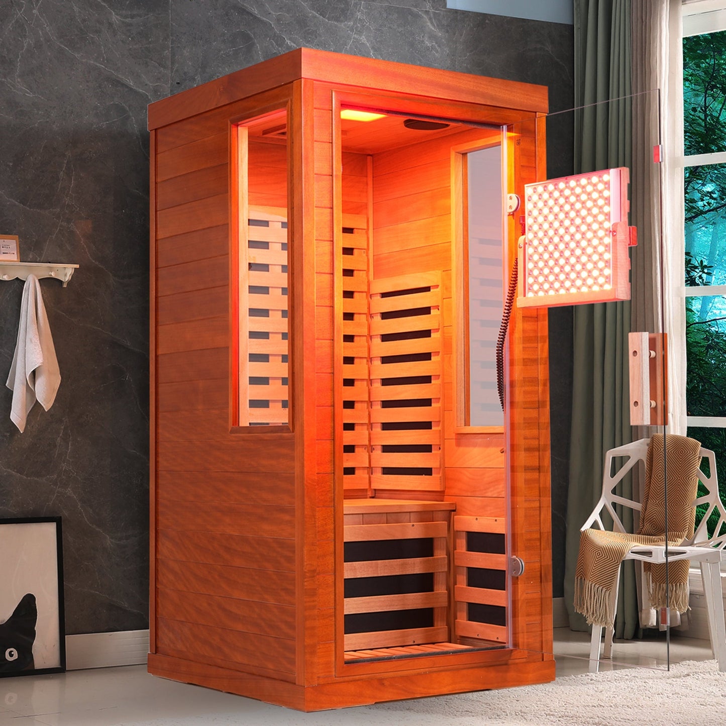1-Person Full Spectrum Infrared Sauna with Red Light Therapy | Okoume Wood | Bluetooth | 120V