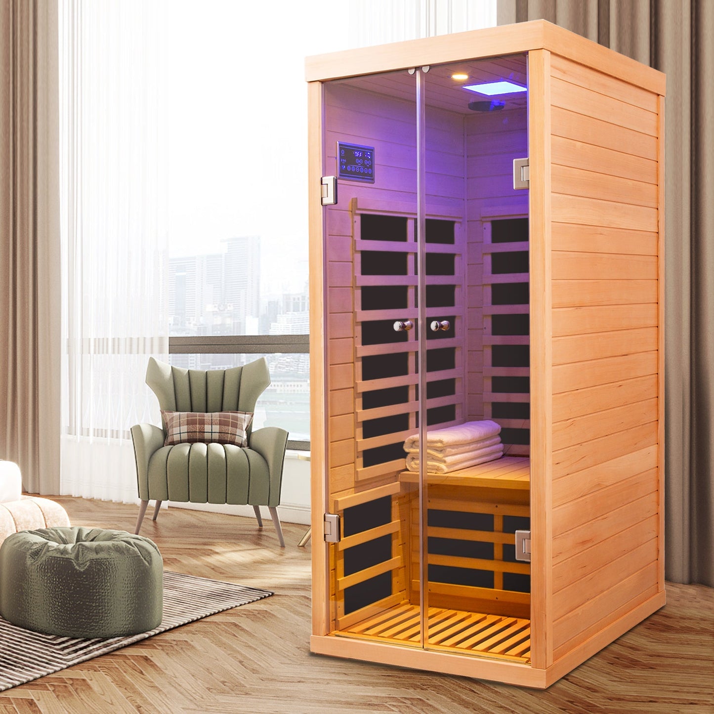 1-Person Luxury Low EMF Far Infrared Sauna | Canadian Hemlock | Double Glass Doors | Bluetooth &amp; App Control