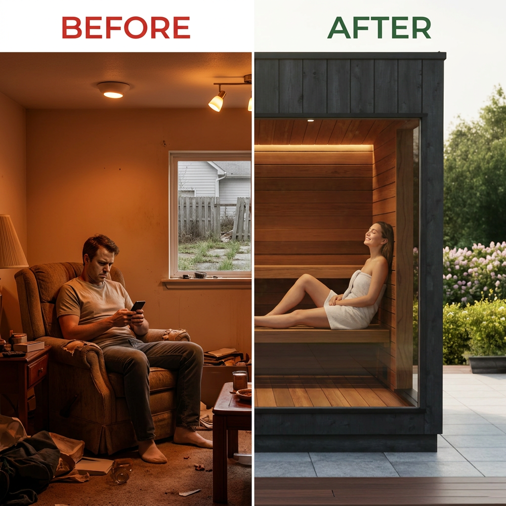 ThermaSol Nordic Misty Outdoor Lounge Medium Sauna Cabin (SAK57649) — Before & After