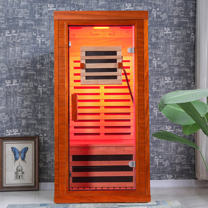 1-Person Full Spectrum Infrared Sauna with Red Light Therapy | Okoume Wood | Bluetooth | 120V