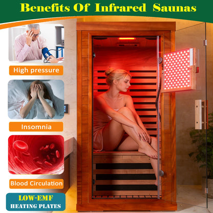 1-Person Full Spectrum Infrared Sauna with Red Light Therapy | Okoume Wood | Bluetooth | 120V